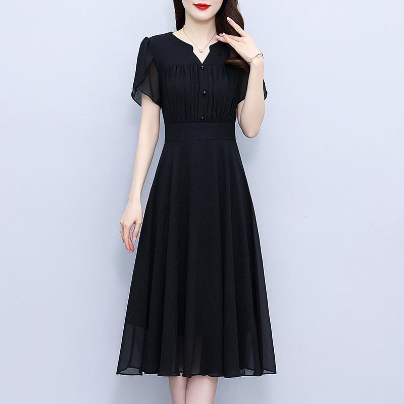 ワンピース レディース 半袖 Vネック Aライン 膝丈 ポリエステル 黒 ブラック 無地 切り替え 接触冷感 韓国風 きれいめ エレガント フォーマル お呼ばれ 二次会 パーティー