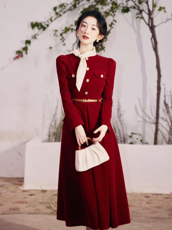 ワンピース レディース 秋冬 ワインレッド ベルベット Aライン フリル袖 ロングワンピース パーティー ..