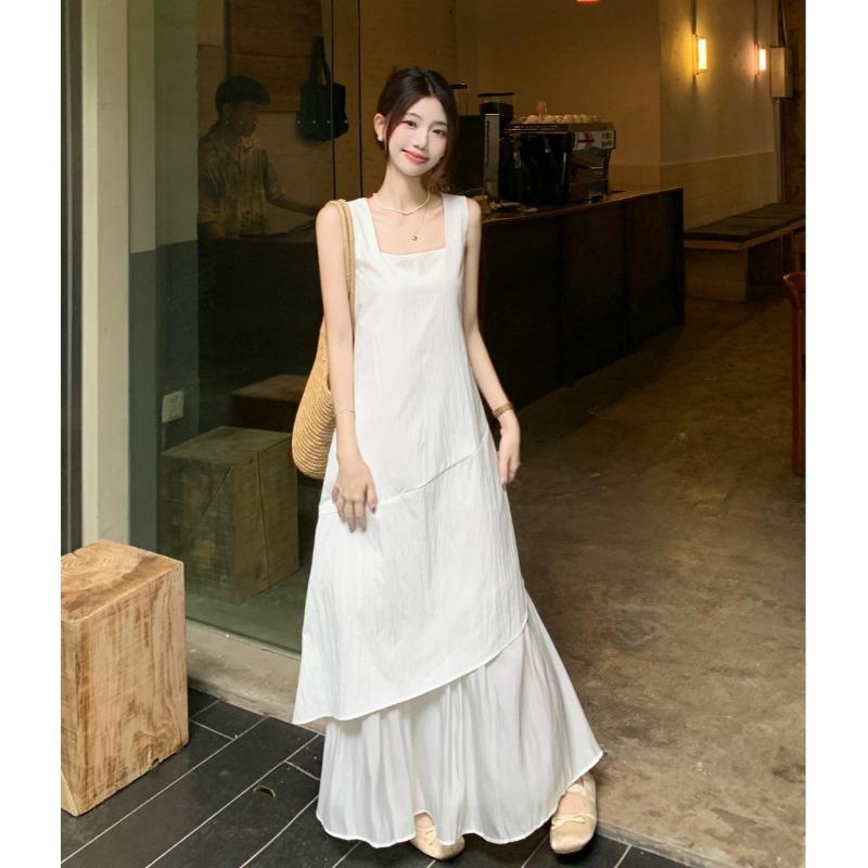 ワンピース レディース ノースリーブ Aライン 高腰 接触冷感 再生繊維 切り替え チャイナドレス風 ミモレ丈 ゆったり 普段使い お呼ばれ オケージョン 春夏