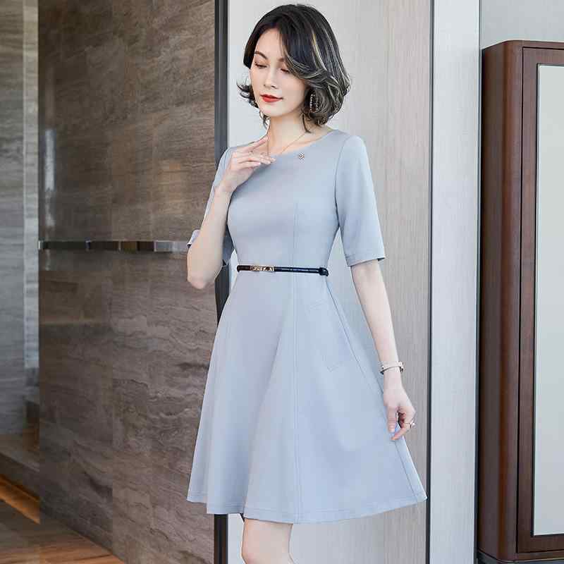 ワンピース レディース 半袖 膝丈 Aライン ブルー系 ブラック ポリエステル 通勤 オフィス OL きれいめ 上品 エレガント フェミニン