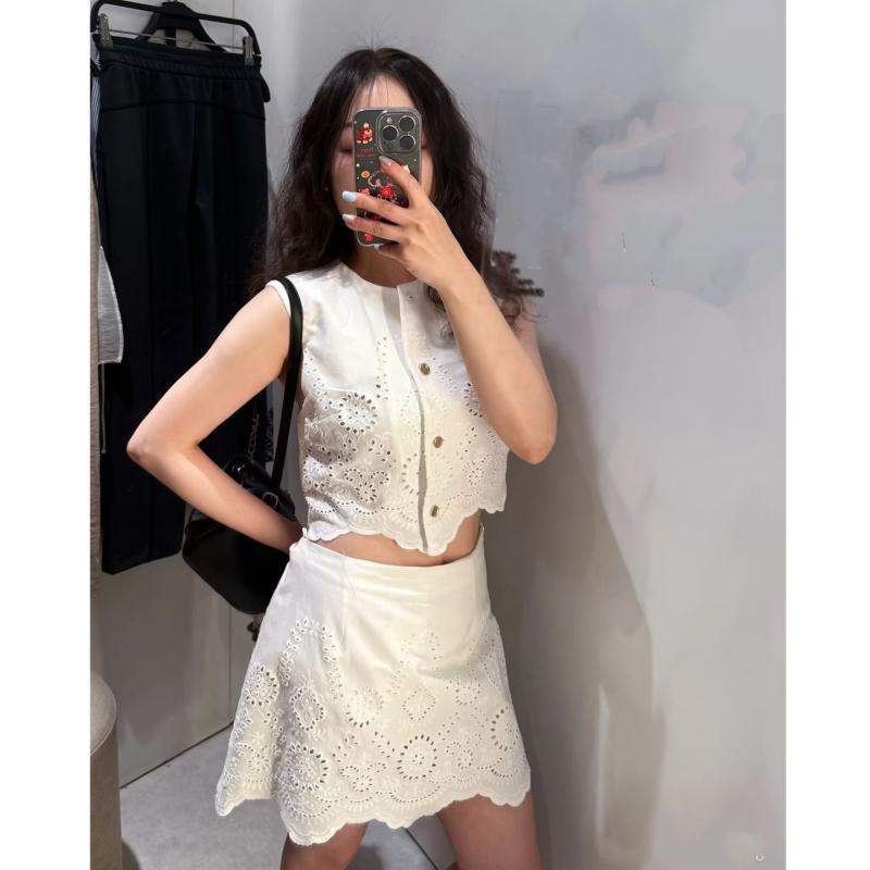 セットアップ レディース ノースリーブ シャツ ブラウス スカート 膝丈 刺繡 オーガニックコットン 白 清潔感 可愛い フェミニン リラックス 旅行(4)
