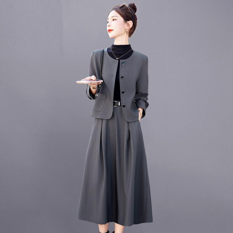セットアップ レディース 秋物 長袖 アウター スカート 上下セット 2点セット ミディアム丈 無地 ポリエステル エレガント 通勤 深グレー コーヒー色