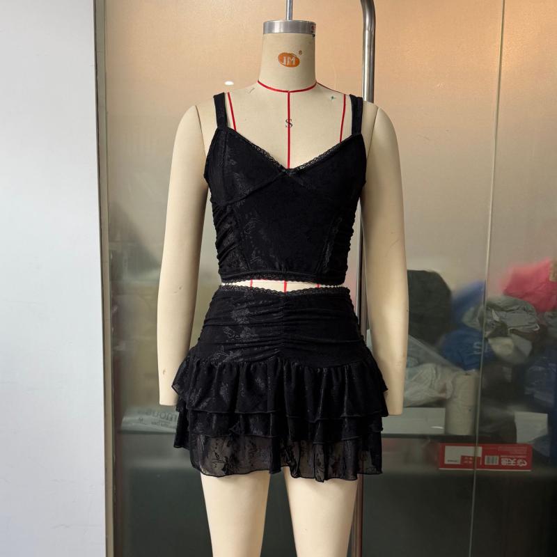 セットアップ レディース キャミソール レース ショートトップス ケーキスカート ミニスカート 白 ピン..