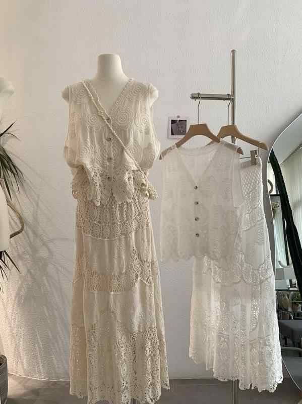 セットアップ レディース Vネック ノースリーブ レース トップス 刺繡 チュールスカート ミモレ丈 スカート 上下セット 2点セット コットン 杏色 ホワイト フェミニン デート(4)