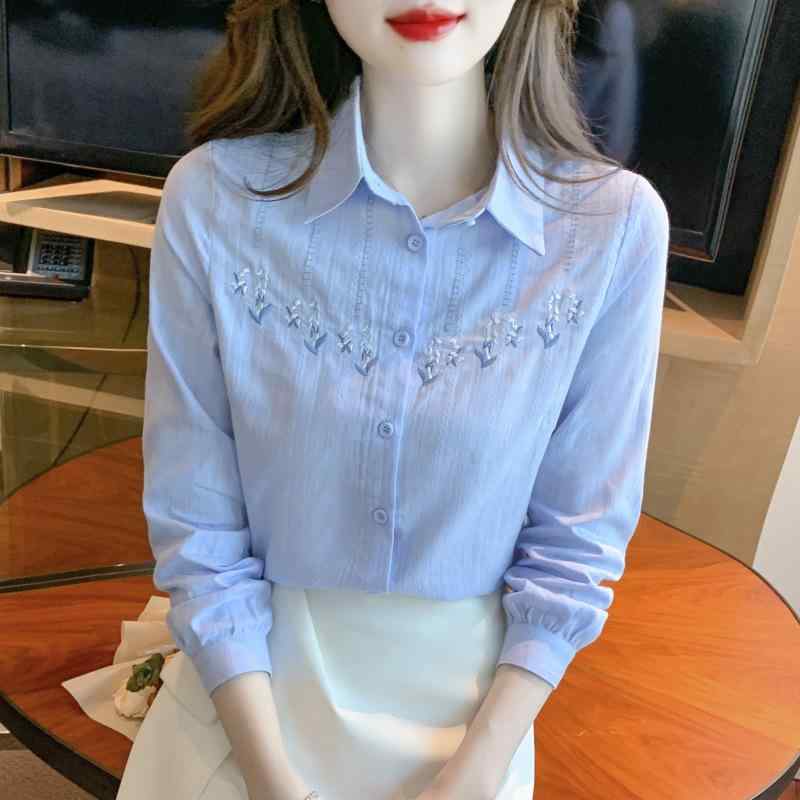 シャツ レディース 長袖 春秋 オフィス カジュアル 白シャツ ブラウス トップス 綿100% 刺繍 ポロ襟 無地 ボタン 前開き きれいめ かわいい 上品 S M L XL 2XL