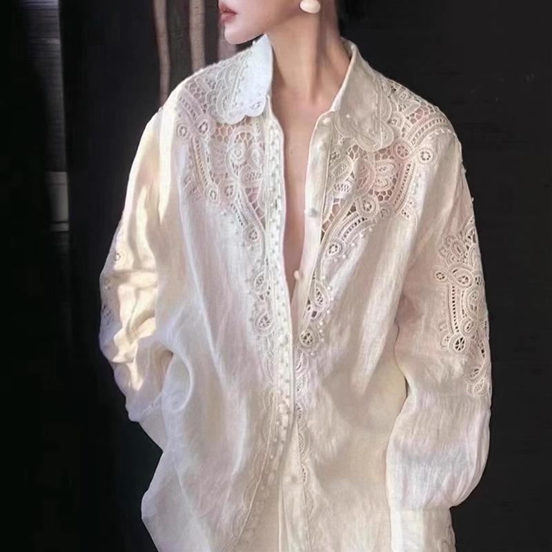 シャツ レディース デザイナー 開襟 ポリエステル Vネック 長袖 プリント柄 切り替え チュニック丈 ブ..