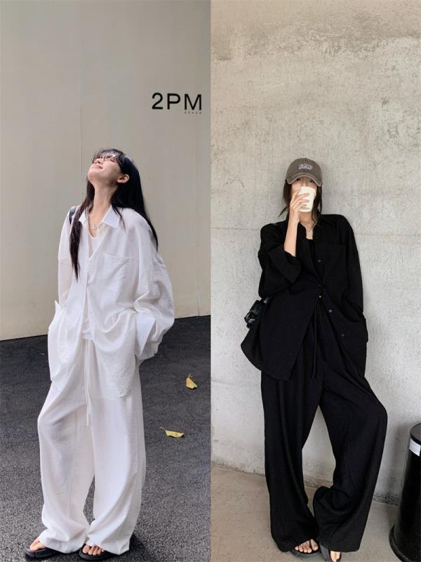 シャツ レディース 春夏 亜麻 リネン セットアップ ワイドレッグパンツ 2点セット 白色 黒色 ゆったり ..