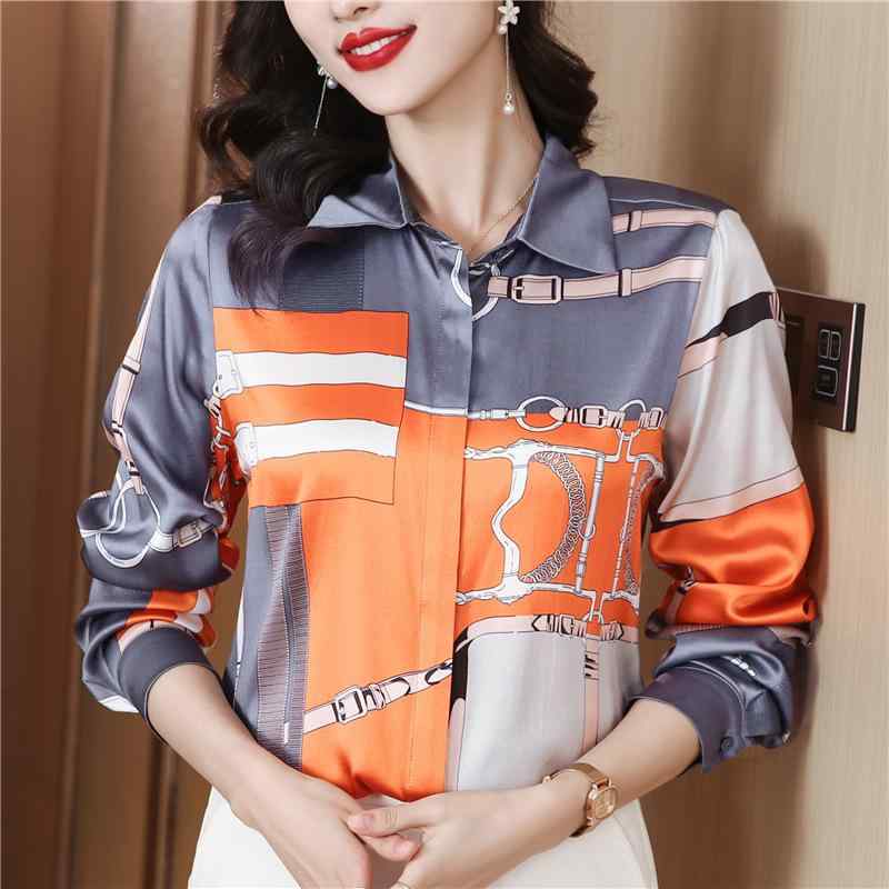 シャツ レディース 春夏 接触冷感 チュニック トップス ブラウス 長袖 シルク風 プリント グレー オレ..