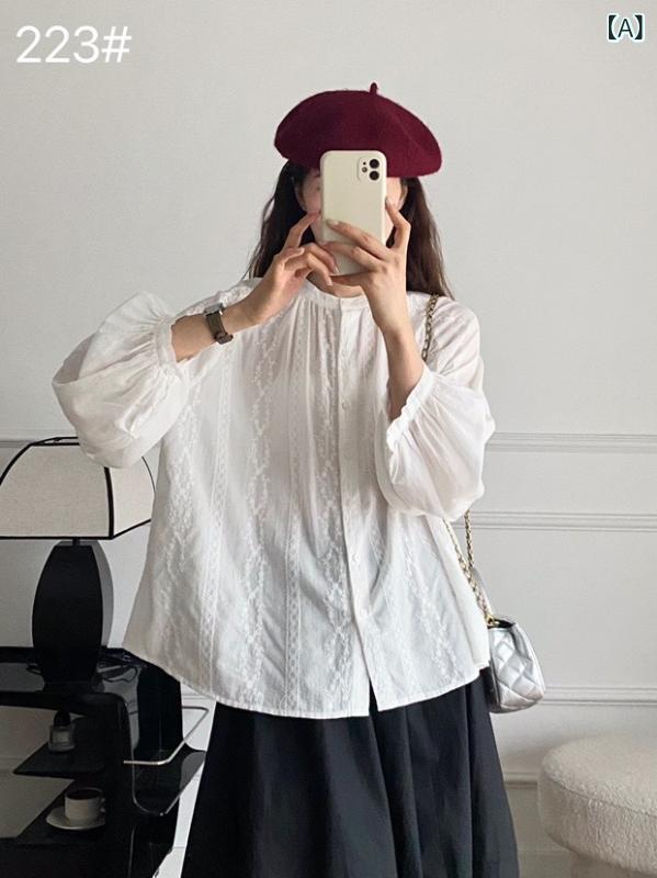 シャツ レディース 長袖 コットン トップス ラウンドネック 刺繡 ランタンスリーブ ブラウス ゆったり ..