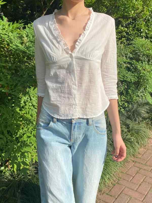 シャツ レディース Vネック 半袖 トップス 白 春夏 綿 花柄レース フリル かわいい フェミニン ガーリー カジュアル