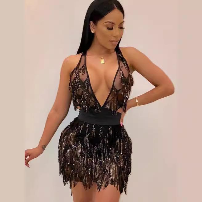 ワンピース レディース セクシー スパンコール ノースリーブ Uネック ミニ丈 ドレス パーティードレス ..