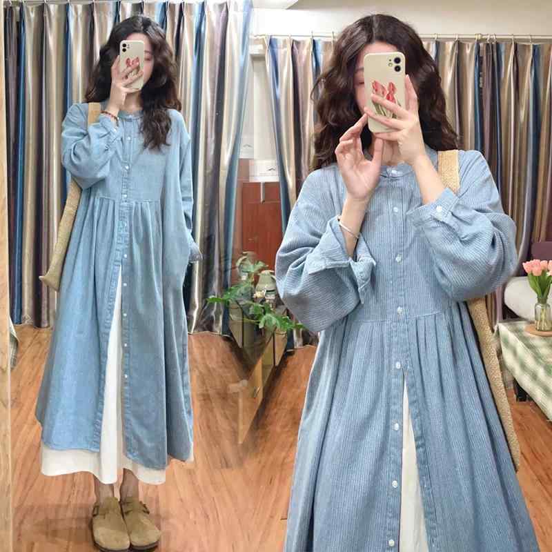 マタニティ ワンピース レディース ラウンドネック 長袖 シャツワンピース Aライン 膝丈 コットン混紡 ..