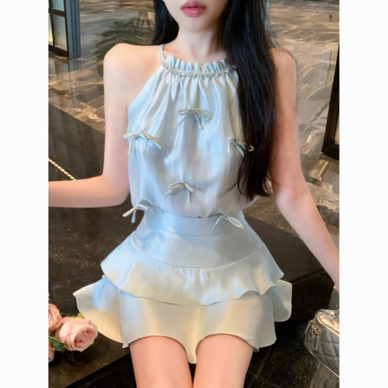 セットアップ レディース ノースリーブ トップス 膝丈 ケーキ スカート 淡青色 杏色 リボン エレガント..