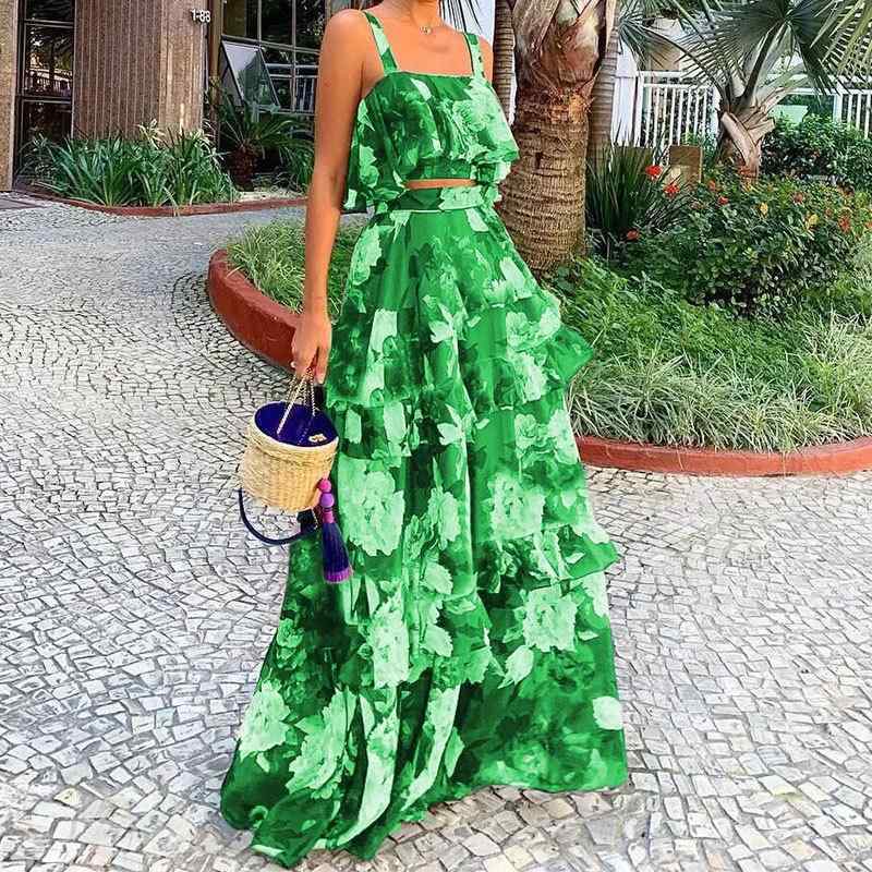 ワンピース レディース 春夏 リゾート風 プリント柄 キャミソール トップス ケーキスカート ロングスカ..