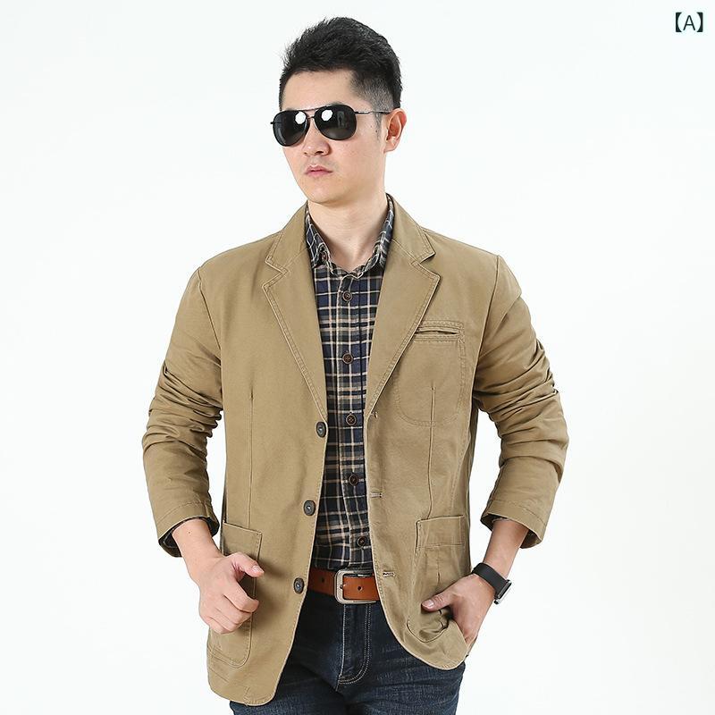 スーツ 男性用 コットン カジュアルスーツ ジャケット テーラードジャケット 長袖 無地 通気性 防水性 耐摩耗性 吸湿性 カーキ色 ブラック 黒 軍緑 春秋