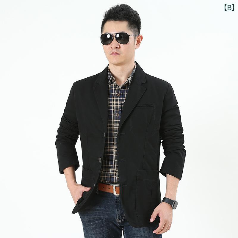 スーツ 男性用 コットン カジュアルスーツ ジャケット テーラードジャケット 長袖 無地 通気性 防水性 耐摩耗性 吸湿性 カーキ色 ブラック 黒 軍緑 春秋