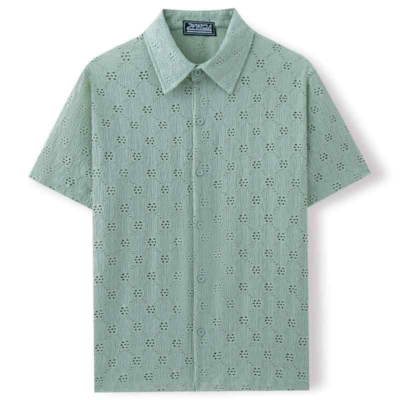 シャツ メンズ 男性用 半袖 提花 織り柄 ポリエステル 薄手 開襟 羽織り ライトアウター カジュアル 普段使い 20代 30代 40代 M L XL 2XL 3XL グリーン カーキ ネイビー