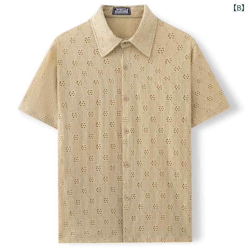 シャツ メンズ 男性用 半袖 提花 織り柄 ポリエステル 薄手 開襟 羽織り ライトアウター カジュアル 普段使い 20代 30代 40代 M L XL 2XL 3XL グリーン カーキ ネイビー