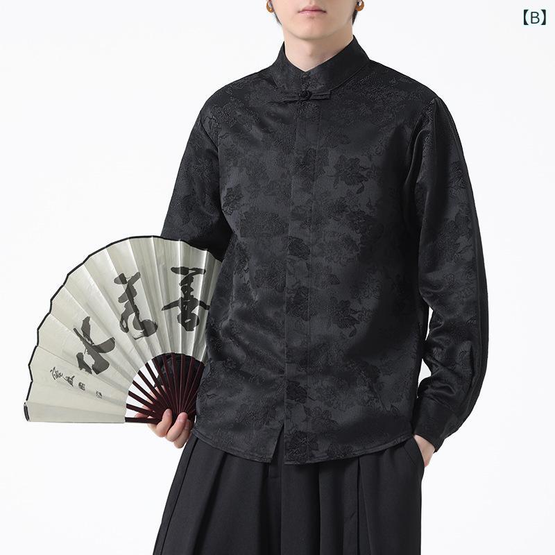 シャツ 男性用 チャイナ風 提花 レトロ スタンドカラー 長袖 トップス 唐装風 ゆったり ミリタリーテイスト カットソー オフホワイト ブラック