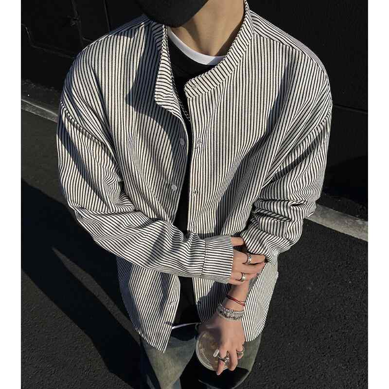シャツ 男性用 ストライプ柄 長袖シャツ オープンカラー 襟付き コットン混紡 ゆったり リラックス レトロ ポケット 黒 白 紺 茶 春秋