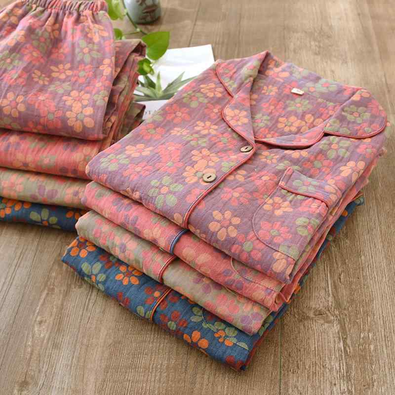 パジャマ レディース 春秋 ルームウェア ダブルガーゼ 綿100% 長袖 前開き 上下セット 母親 部屋着 大きいサイズ M L XL XXL 通気性 古風 和風