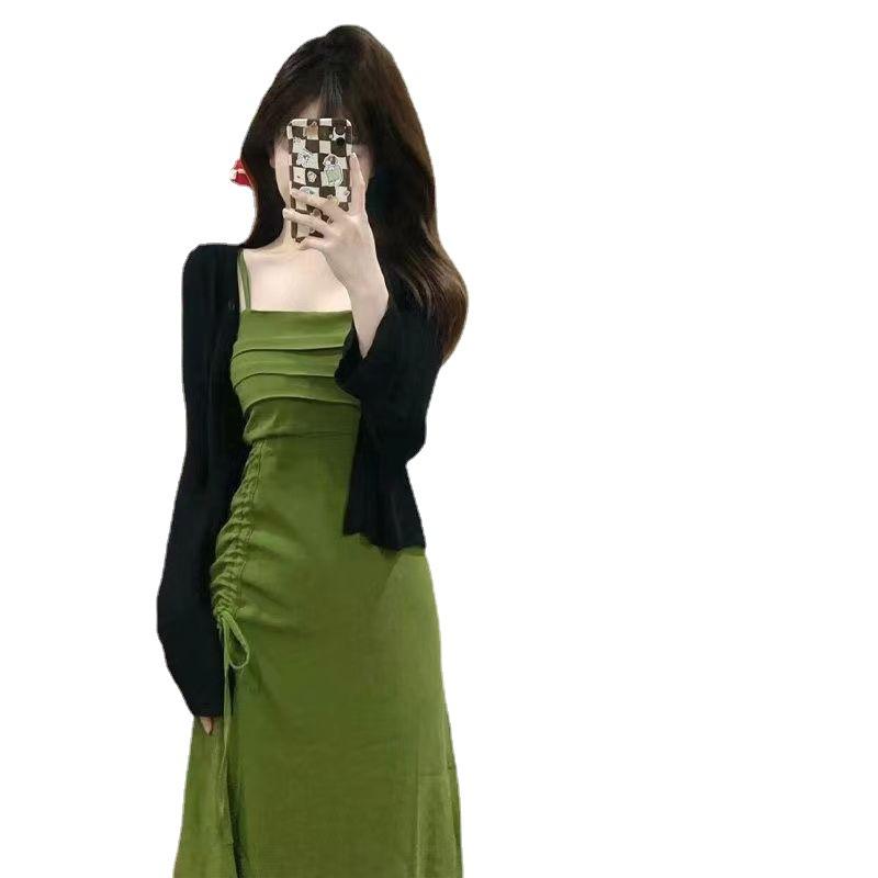 ワンピース レディース 初恋 グリーン キャミソールワンピース ニットカーディガン セットアップ ウエストシェイプ 長袖 膝丈 清楚系 きれいめ 上品 薄手 春夏