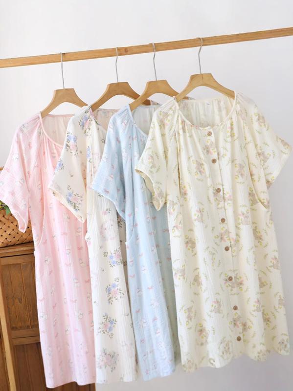 マタニティ ワンピース レディース 授乳服 産褥 産後 パジャマ ルームウェア コットン 半袖 花柄 L XL 纱布 快適 通気性 吸湿性 不規則