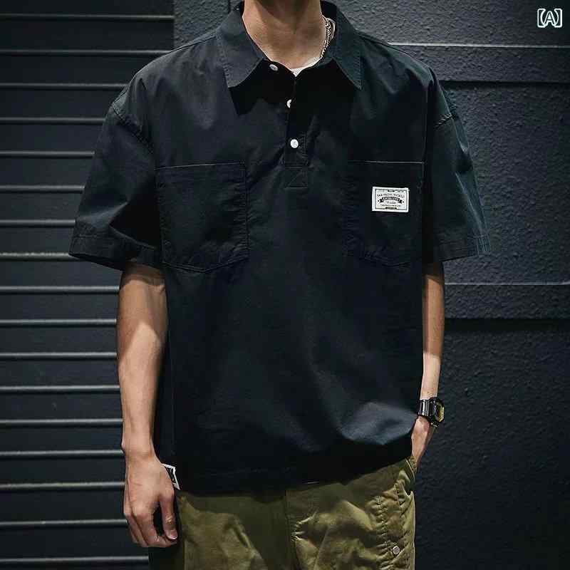 シャツ メンズ 半袖 コットンブレンド トップス ルーズ 薄手 ワーク カジュアル ブラック 杏色 カーキ M L XL XXL 3XL 4XL 5XL