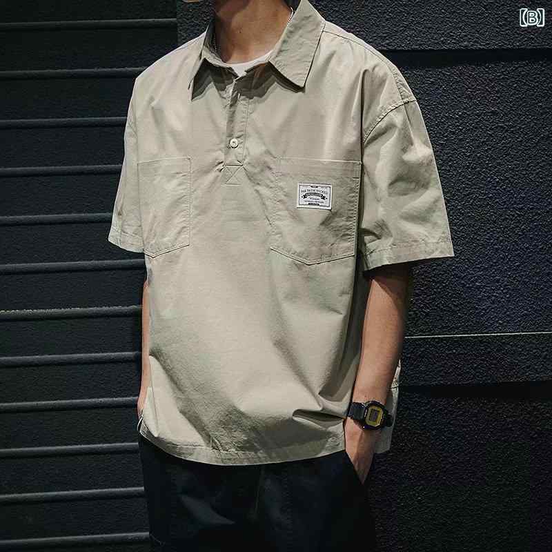 シャツ メンズ 半袖 コットンブレンド トップス ルーズ 薄手 ワーク カジュアル ブラック 杏色 カーキ M L XL XXL 3XL 4XL 5XL