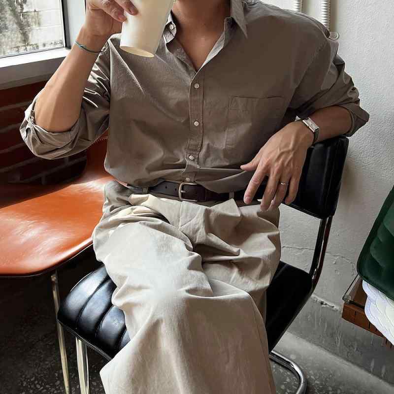 シャツ 男性用 長袖 ポリエステル トップス カジュアル 普段使い カフェ色 白 M L XL 2XL 春