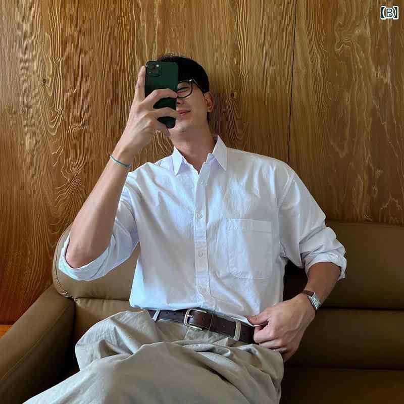 シャツ 男性用 長袖 ポリエステル トップス カジュアル 普段使い カフェ色 白 M L XL 2XL 春