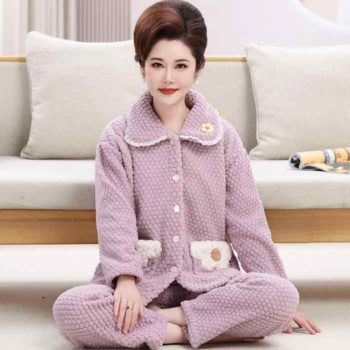 パジャマ レディース 中高年 ママ 暖かい フリース ポリエステル 繊維 上下セット 寝間着 部屋着 長袖 長ズボン 厚手 襟付き シンプル リラックス ゆったり 秋冬