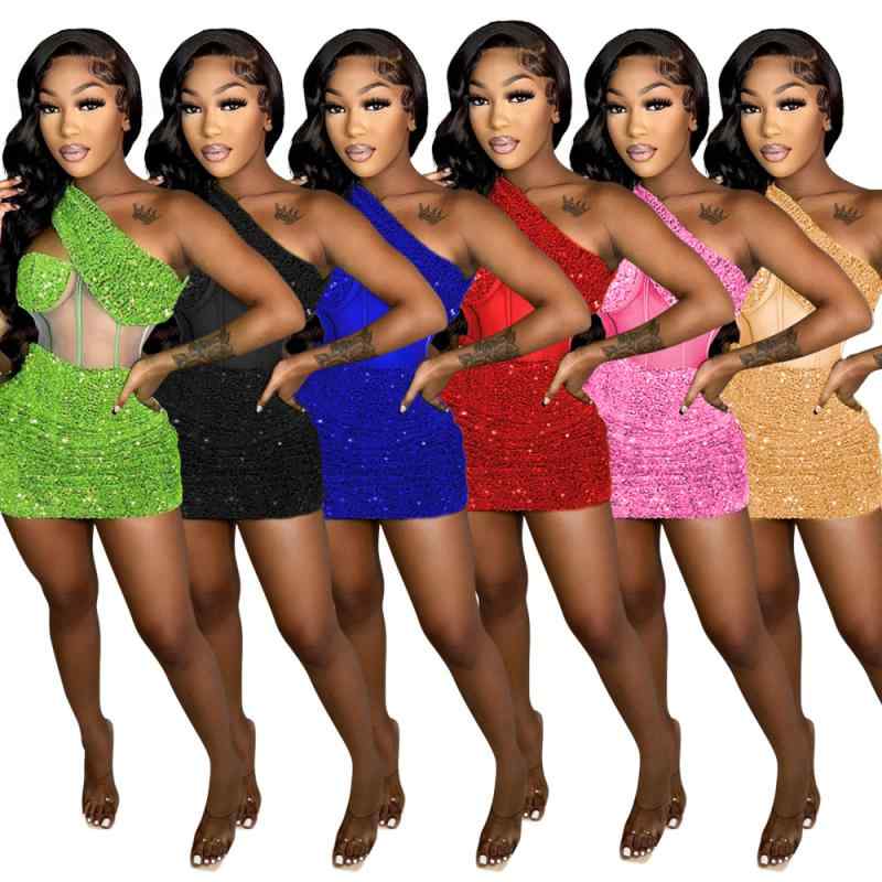 ワンピース レディース セクシー スラッシュドネック スパンコール 切り替え ポリエステル メッシュ パ..