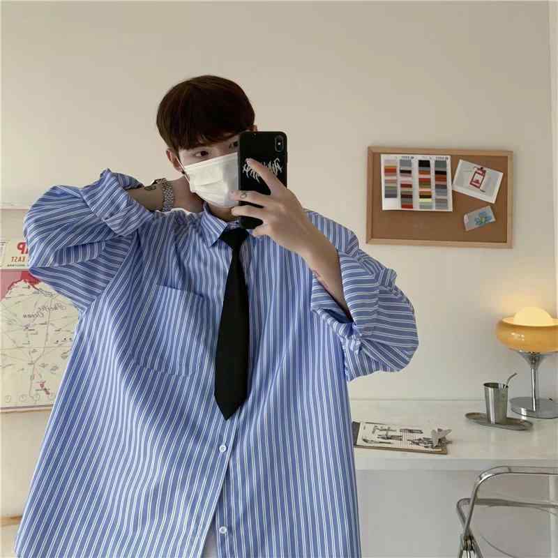 シャツ メンズ 長袖 ブルー ストライプ コットンブレンド 襟付き カジュアル トップス ライトアウター 春