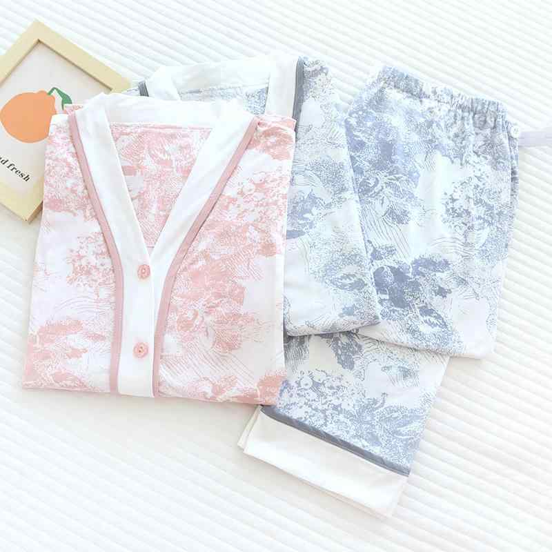 マタニティウェア 授乳服 長袖 長ズボン 上下セット 2点セット モーダル 水墨画風プリント 産褥期 入院着 部屋着 リラックスウェア