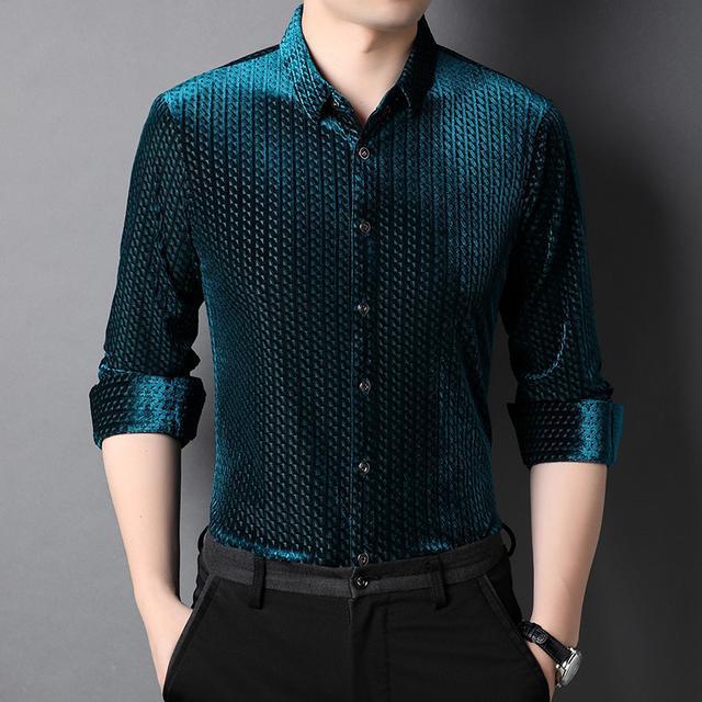 シャツ メンズ 男性用 長袖シャツ 金糸ベルベット 無地 レギュラーカラー ビジネスカジュアル トップス..