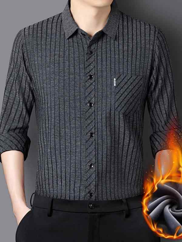 シャツ 男性用 長袖 秋冬 加绒 厚手 暖かい シルク混紡 ストライプ柄 ビジネス カジュアル ポケット付..