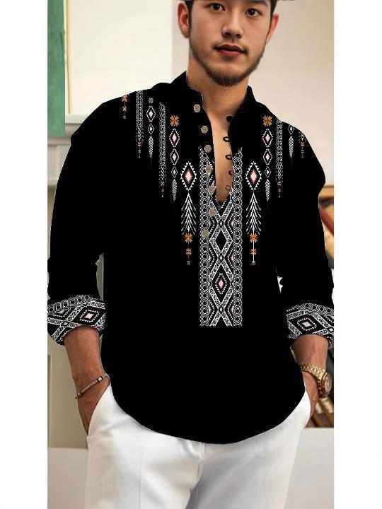 シャツ 男性用 長袖 アニマル柄 プリント スリム 麻混紡 接触冷感 リネンシャツ