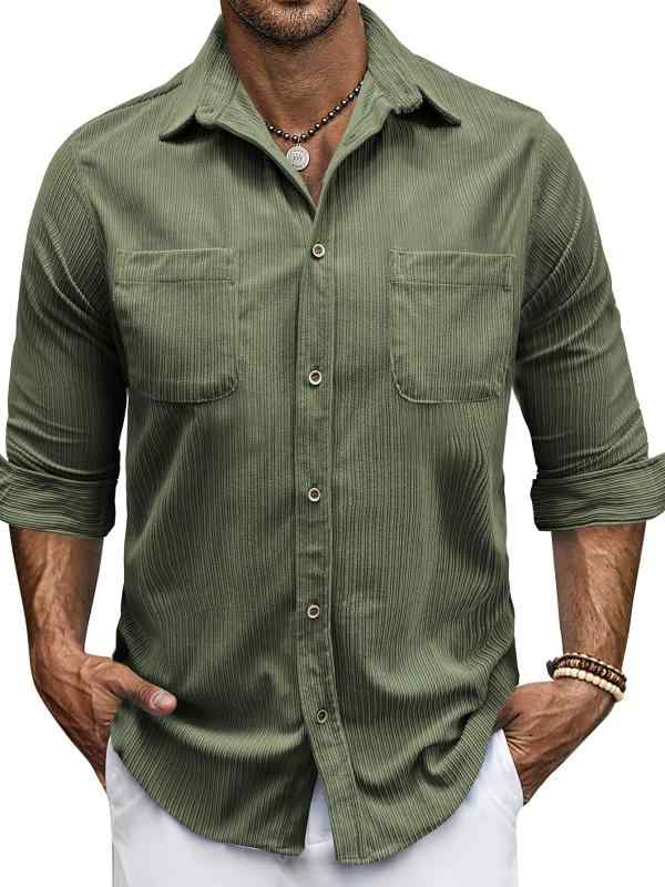 シャツ メンズ 男性用 トップス 長袖 コーデュロイ 襟付き 厚手 無地 ブラック グレー カーキ グリーン..