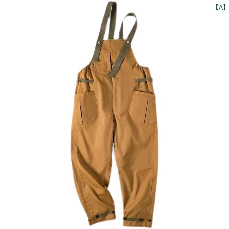 オーバーオール メンズ 男性用 ワークパンツ アメリカンカジュアル レトロ BF風 ゆったり ストレート サロペット ロングパンツ 綿100% ブラウン
