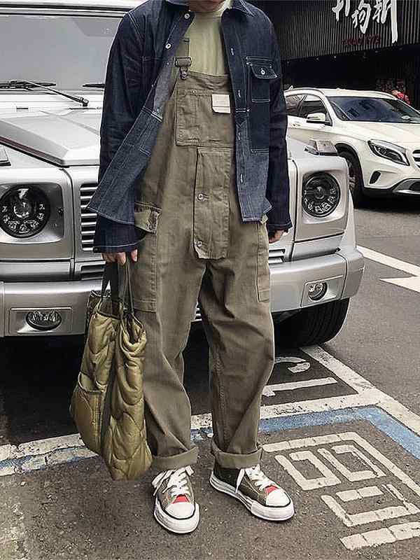 オーバーオール メンズ 男性用 ワークパンツ ワイドレッグ ストレートパンツ カジュアル ミリタリースタイル 普段使い 作業着 カーゴパンツ ポリエステル ブラック ネイビー カーキ