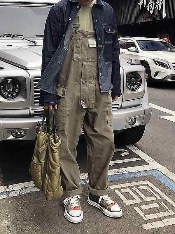 パンツ 男性用 オーバーオール ルーズフィット ストレート ワイドレッグ サスペンダーパンツ レトロ カジュアル 秋物 ポリエステル ブラック ネイビー カーキ