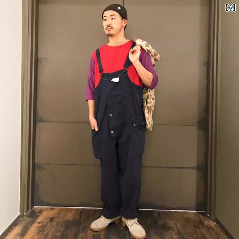 パンツ 男性用 オーバーオール ルーズフィット ストレート ワイドレッグ サスペンダーパンツ レトロ カジュアル 秋物 ポリエステル ブラック ネイビー カーキ