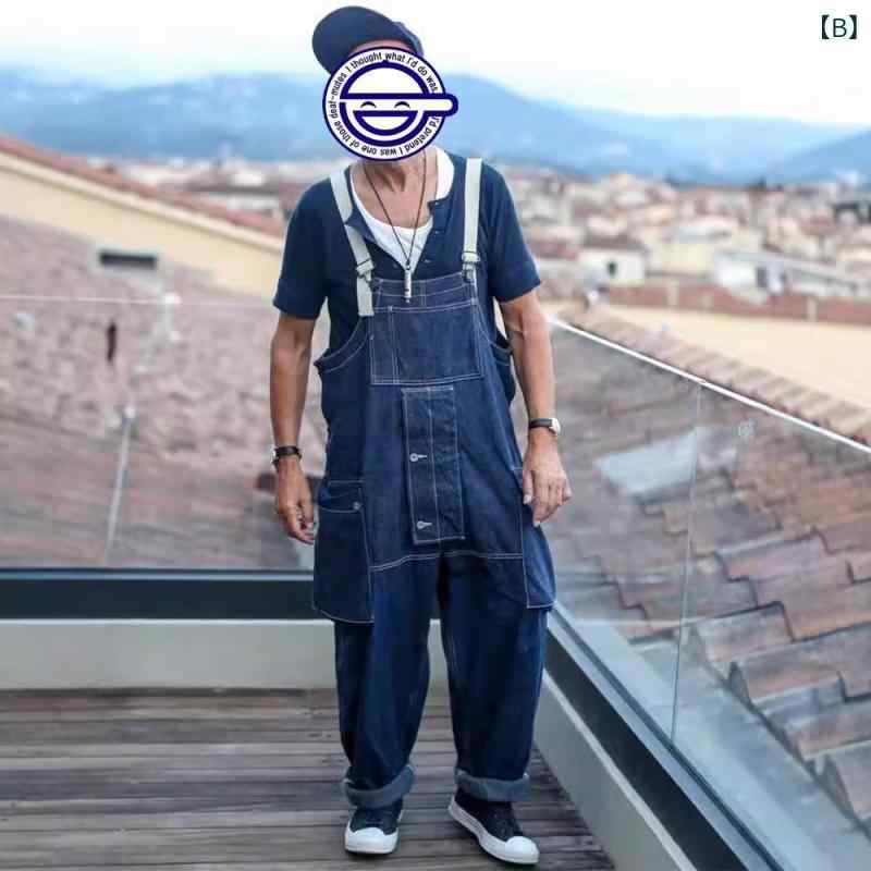 パンツ 男性用 オーバーオール ルーズフィット ストレート ワイドレッグ サスペンダーパンツ レトロ カジュアル 秋物 ポリエステル ブラック ネイビー カーキ