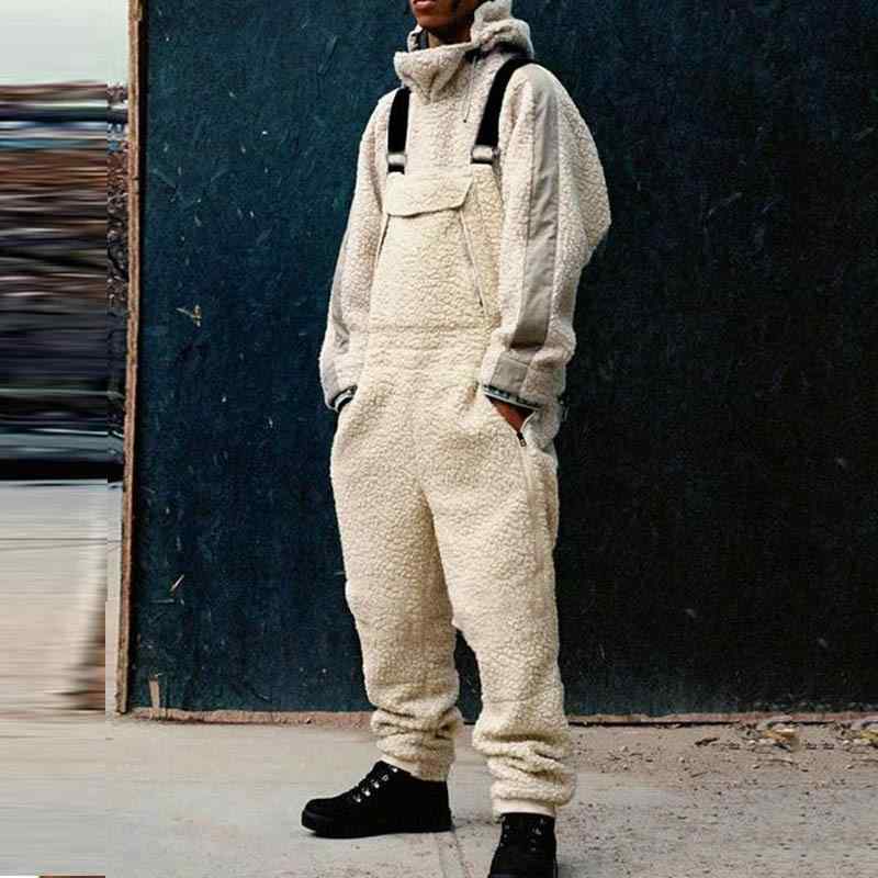 サロペット メンズ 男性用 オーバーオール 無地 羊毛 ボア 肩紐 調節可能 ロングパンツ ストレートパンツ カジュアルパンツ 秋冬 ホワイト ブラック 普段使い