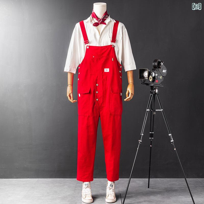 オーバーオール 男性用 ワークパンツ ゆったり ストレート カーゴパンツ カジュアルパンツ 春夏 秋冬 ブラック レッド オレンジ カーキ グリーン ブルー パープル ポリエステル