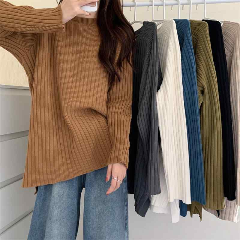 マタニティ トップス 秋冬 韓国風 ゆったりサイズ プレママ カットソー 無地 シンプル インナー セーター ラウンドネック 長袖 アイボリー カーキ ブラック ピスタチオ マロン ポリエステル