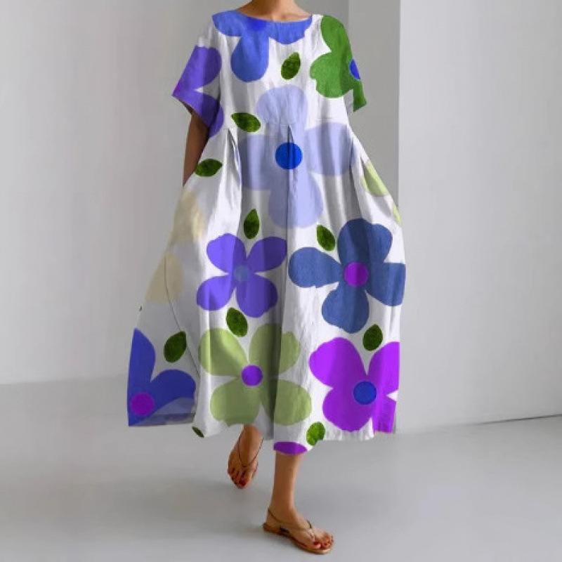 ワンピース レディース ラウンドネック Aライン 膝丈 ミドル丈 ゆったり 楽ちん 半袖 花柄プリント ポ..