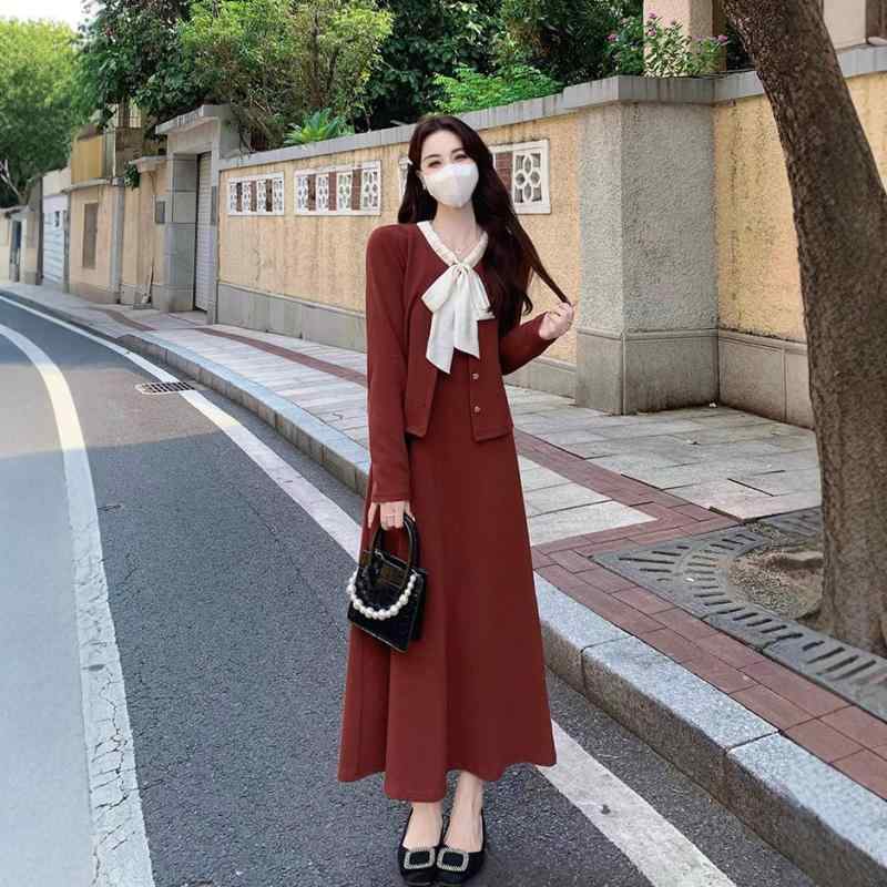 ワンピース レディース 大きいサイズ 春夏 キャミソール付き 2点セット Aライン 膝丈 ポリエステル レッド ブラック 無地 半袖 ラウンドネック ゆったり ...