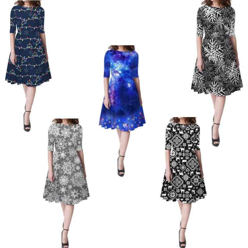 ワンピース レディース 半袖 ラウンドネック Aライン 膝丈 クリスマス デジタルプリント ポリエステル ..